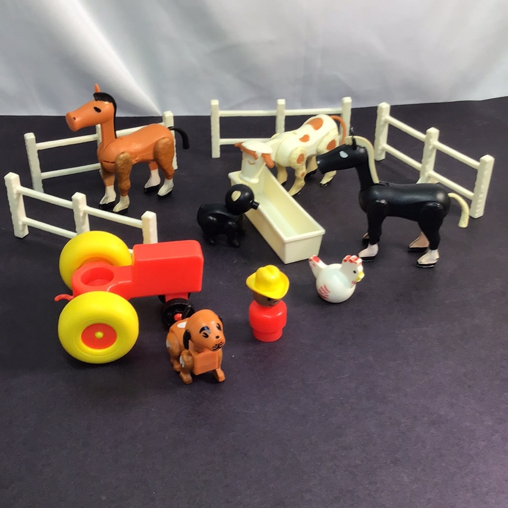Vintage toys marked Hong Kong farm set fence animals tractor trough farmer dog
